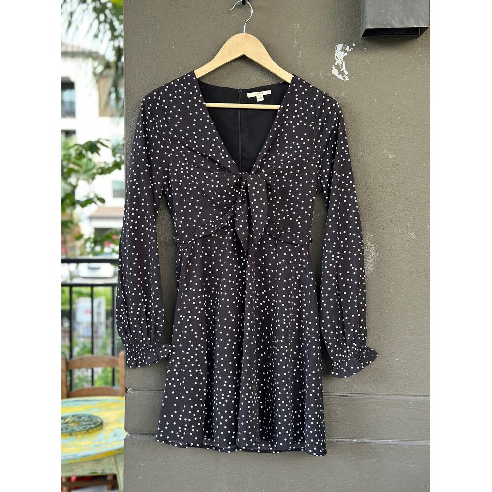 Le Lis Mini Dress Women's Small Black Polka Dots Ruffle Long Sleeve Tie Waist